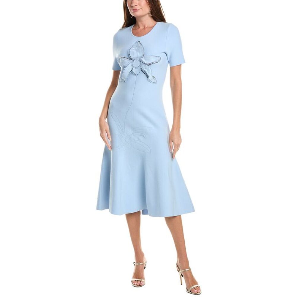 Oscar De La Renta Womens Orchid Knit Fit & Flare Dress, Blue